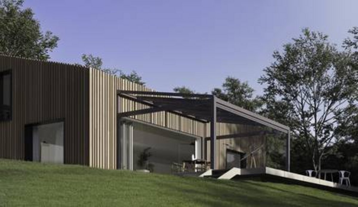Solarlux SDL Alerio Terrassendach in dunkler Aluminium-Holz-Optik am Hang mit Bäumen